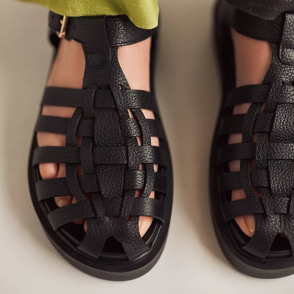 By Anthropologie Black Leather Fisherman Flats 36 - Picture 8 of 9